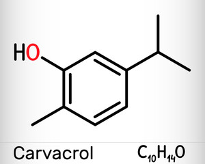 Carvacrol, cymophenol molecule. It is natural monoterpene derivative of cymene, inhibitor of bacterial growth, it is used as food additive. Skeletal chemical formula