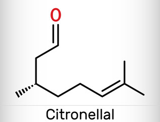 Citronellal, rhodinal molecule. It is monoterpenoid aldehyde, main component that give citronella oil its distinctive lemon scent. Skeletal chemical formula