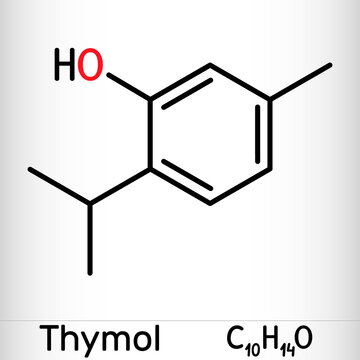 Thymol, IPMP molecule. It is phenol, natural monoterpene derivative of cymene. Obtained from thyme oil or other volatile oils. Skeletal chemical formula