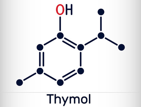 Thymol, IPMP molecule. It is phenol, natural monoterpene derivative of cymene. Obtained from thyme oil or other volatile oils. Skeletal chemical formula