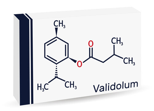 Menthyl isovalerate, validolum, validol molecule. It is drug, menthyl ester of isovaleric acid. Skeletal chemical formula. Paper packaging for drugs