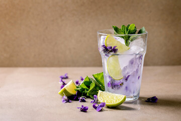 Glass of lemonade cocktail with violets flowers - 495732193