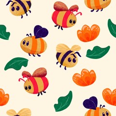 Obraz na płótnie Canvas Kids pattern with bee. Seamless cartoon pattern with flower and bees