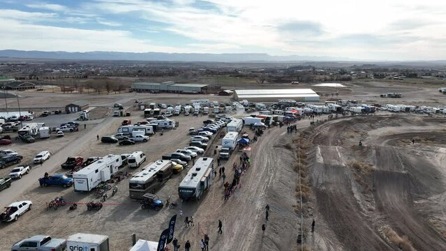 Aerial desert motorcycle race track pit row campers Utah.  Extreme desert motocross motorcycle race in rural community. Championship competition and fun. Sport recreation family fun and entertainment.