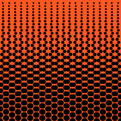 Abstract seamless geometric circle pattern. Mosaic background of black circles. Evenly spaced shapes of different sizes. Vector illustration on deep orange background