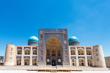 Exterior of the Mir-I-Arab madrasa in the center of Bukhara, Uzbekistan, Central Asia