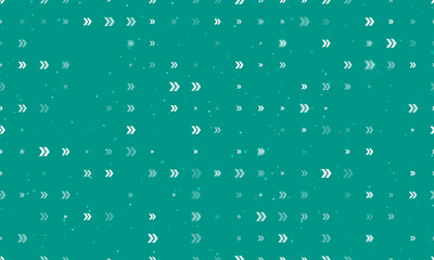 Seamless background pattern of evenly spaced white double arrow symbols of different sizes and opacity. Vector illustration on teal background with stars