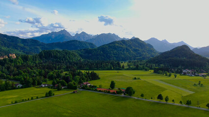 Fototapeta na wymiar Wonderful Bavarian landscape in the German Alps - Allgau district - aerial view
