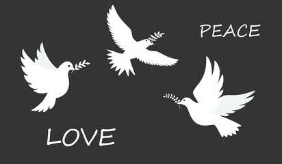 Dove of peace. Flying and standing Birds with an olive branches. Peace and love, freedom, no war concept. Hand drawn modern Vector illustration. All elements are isolated