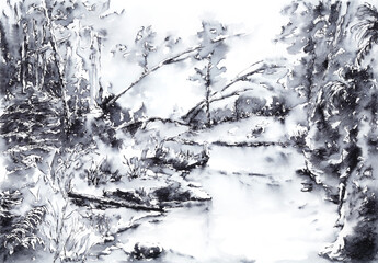 Landscape with stream and forest. Ink on paper.