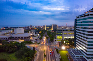 Aerial shot of the city of Accra in Ghana at night