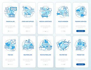Foreign humanitarian assistance blue onboarding mobile app screen set. Walkthrough 5 steps graphic instructions pages with linear concepts. UI, UX, GUI template. Myriad Pro-Bold, Regular fonts used