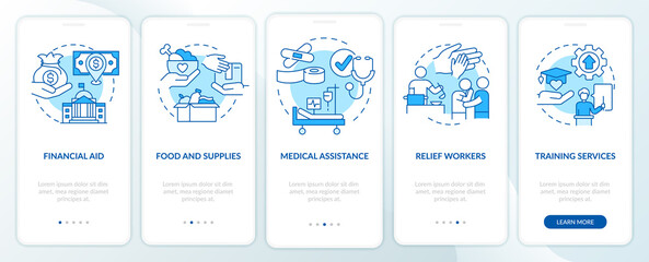 Countries providing different aid blue onboarding mobile app screen. Walkthrough 5 steps graphic instructions pages with linear concepts. UI, UX, GUI template. Myriad Pro-Bold, Regular fonts used