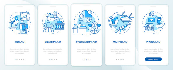 Fototapeta na wymiar Types of foreign aid blue onboarding mobile app screen. Project aid walkthrough 5 steps graphic instructions pages with linear concepts. UI, UX, GUI template. Myriad Pro-Bold, Regular fonts used