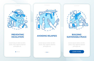 Post conflict stabilization blue onboarding mobile app screen. Walkthrough 3 steps graphic instructions pages with linear concepts. UI, UX, GUI template. Myriad Pro-Bold, Regular fonts used