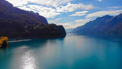 Fototapeta na wymiar Amazing Lake Brienz in Switzerland with its blue water - aerial view
