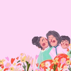Ilustración de día de la madre con familia, fondo rosado, flores y corazones