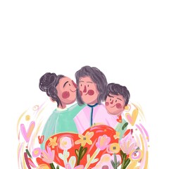 Ilustración de hijos abrazando a su madre con decoración de corazones, flore, plantas y fondo blanco