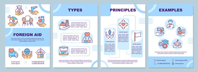 Foreign aid blue brochure template. Types and principles. Leaflet design with linear icons. 4 vector layouts for presentation, annual reports. Arial-Black, Myriad Pro-Regular fonts used