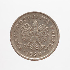 Poland - circa 1990: a 20 groszy coin of Poland with the coat of arms eagle of Poland - obrazy, fototapety, plakaty