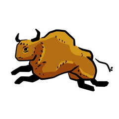 Rock art. Drawing of a bull or ox. Primitive tribal cartoon. Running animal
