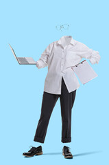 Creative artwork. Invisible woman wearing modern business style outfit and eyeglasses using laptop on blue background. Concept of fashion, style