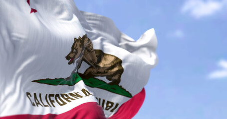 The California Republic flag with the grizzly bear Monarch waving in the wind