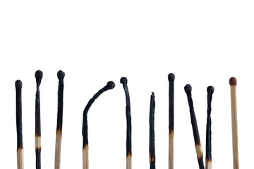 Burnt matches isolated on a white background. Wooden matches.