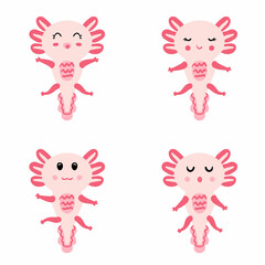 Hand drawn axolotls collection. Set of cute salamander baby. Perfect for posters, stickers, textile and prints. Cartoon vector illustration for decor and design.