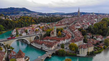 Aerial view over the city of Bern - the capital city of Switzerland - the historic district from above