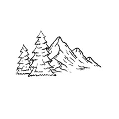 Mountain landscape in engraving style. Trees and forest. Natural scene. Winter season. Outline cartoon