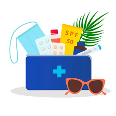 First aid kit for traveling with face mask, sunscreen bottle and pills. Travel medicines vector illustration - obrazy, fototapety, plakaty