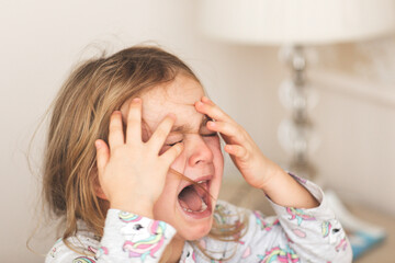 portrait of a cute little girl crying child, stress, pain, sadness, despair Furious hungry toddler kid got upset and sad Depressed hysteria hysterics neurology - obrazy, fototapety, plakaty
