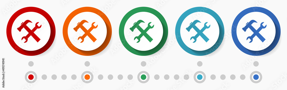 Poster tools, service concept vector icon set, flat design colorful buttons, infographic template in 5 colo
