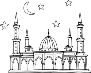 Black doodle drawing of mosques. Hand drawn images of islamic worship places for holiday card design. Doodle of different mosque. Eid Mubarak Kareem