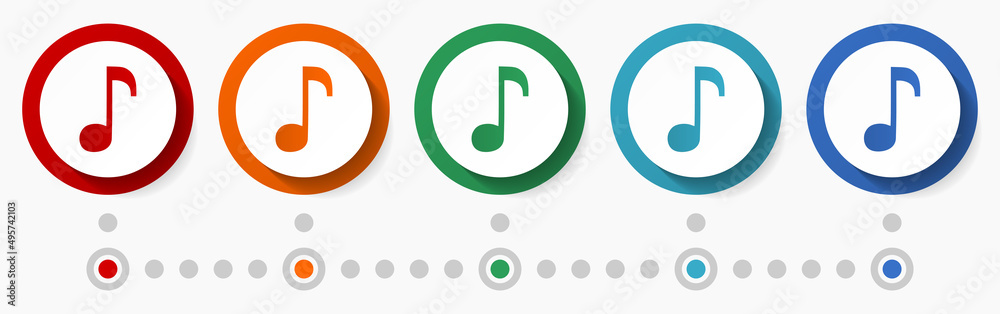 Poster music, note concept vector icon set, flat design colorful buttons, infographic template in 5 color o