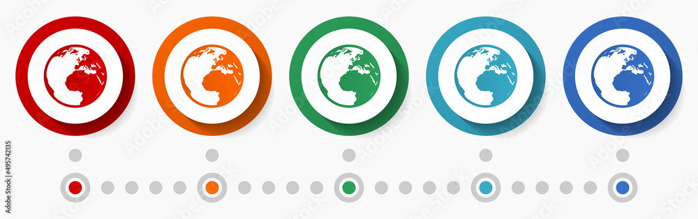 Poster globe, earth, world concept vector icon set, flat design colorful buttons, infographic template in 5
