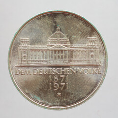 Germany - circa 1971 : a 5 German Mark coin of the Federal Republic of Germany showing the historic...
