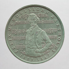 Germany - circa 1984 : a 5 German Mark coin of the Federal Republic of Germany showing  a portrait...