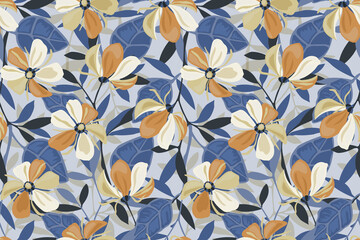Vector floral seamless pattern. Beige and orange flowers, blue leaves on a light blue background.