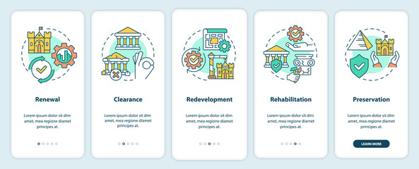 Heritage preservation types onboarding mobile app screen. Saving walkthrough 5 steps graphic instructions pages with linear concepts. UI, UX, GUI template. Myriad Pro-Bold, Regular fonts used