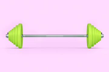 Abstract metal barbell with green disks isolated on pink background