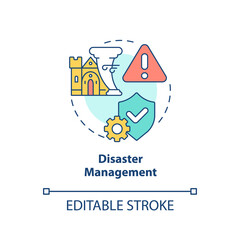 Disaster management concept icon. Heritage protection. Developmental activity abstract idea thin line illustration. Isolated outline drawing. Editable stroke. Arial, Myriad Pro-Bold fonts used