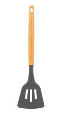 Silicone spatula with wooden handle on white background