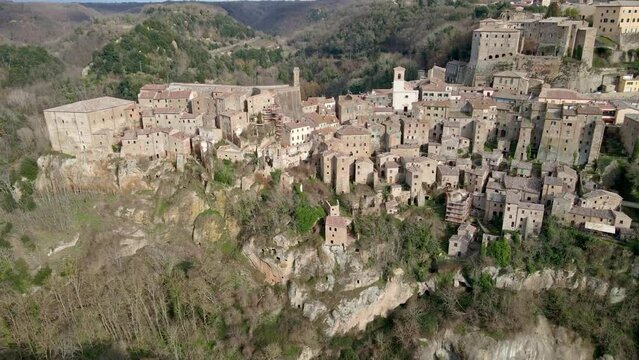 Aerial view of medieval town Sorano, Tuscany, Italy