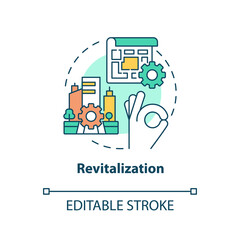 Revitalization concept icon. Urban renovation. Heritage objects preservation type abstract idea thin line illustration. Isolated outline drawing. Editable stroke. Arial, Myriad Pro-Bold fonts used