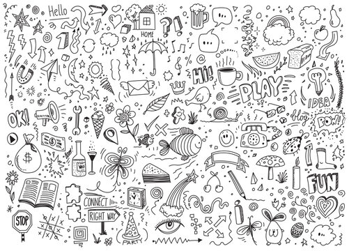 Set of different doodle icons, vector drawings on white background