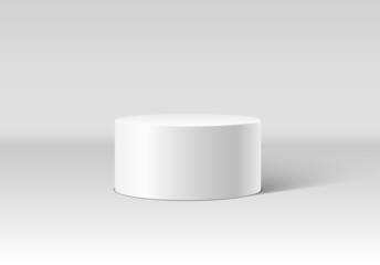 White pedestal or podium with shadow in empty room. Architectural abstraction for product showcase or award ceremony.