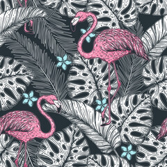 Fototapety  Tropical seamless pattern. Tropical design template. Sketch style. Flamingo and palm leaves vector illustration. Summer design. Beautiful design for textiles. Jungle pattern. Print on cloth template.