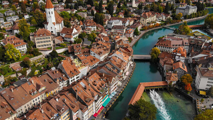Aerial view over the city of Thun in Switzerland - amazing drone footage